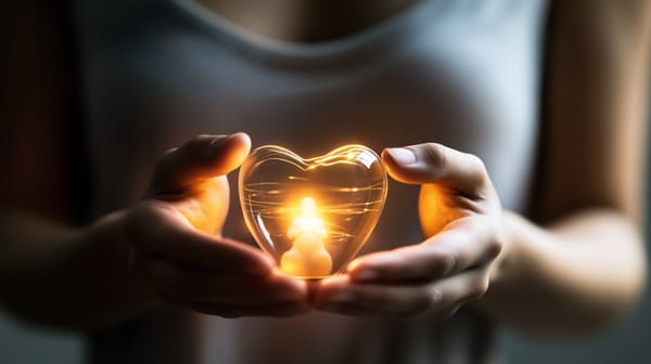 Two hands holding a glowing heart